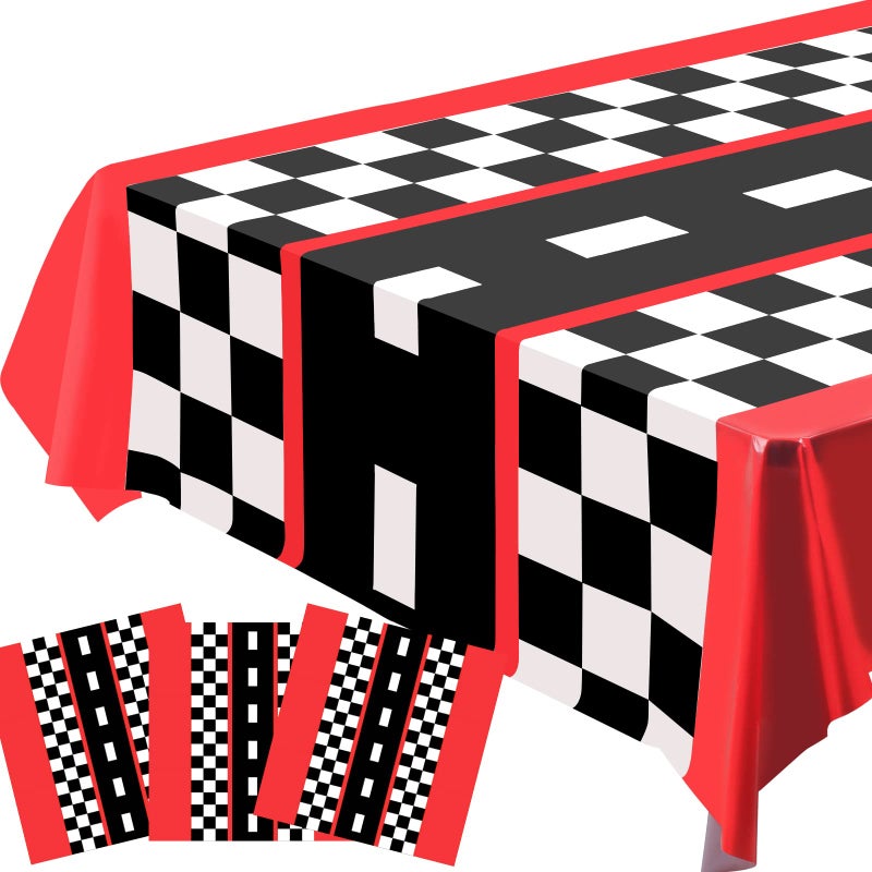 Idealmuzik 3pcs Race Car Tablecloth  Car Theme Birthday Decorations Supplies  Plastic Road Tablecloth  Rectangular Racetrack Tablecloth  Checkered Racetrack Table Runner TableCovers for Kids  54 x 108 Inch - Image 1